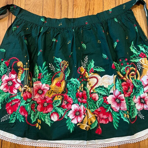 Handmade Christmas Seasonal Green Floral Holly Musical Violin Print Half Apron - Picture 3 of 6